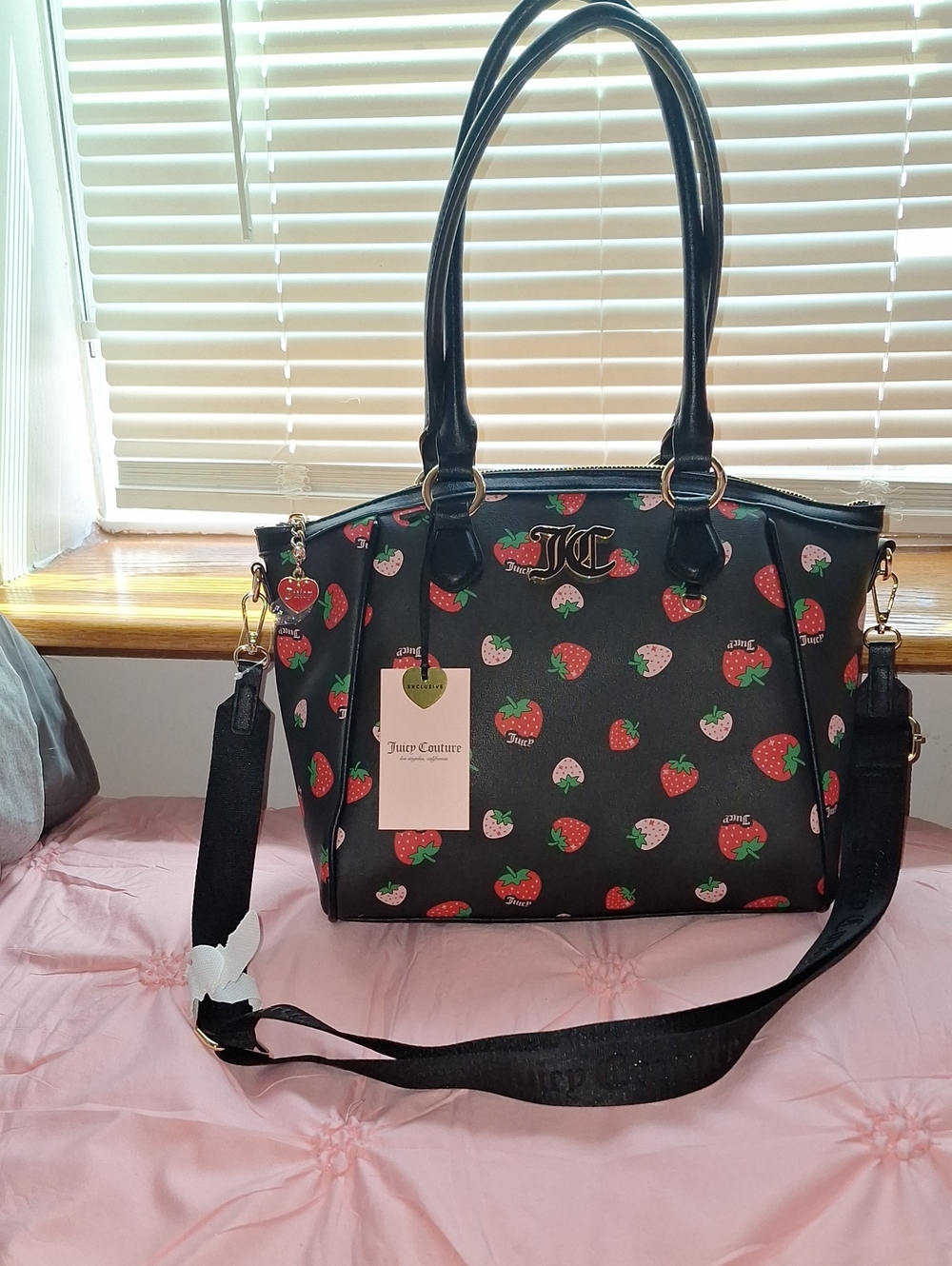 EXCLUSIVE Juicy Couture Black Strawberry Print Shoulder Tote with Gold Accents